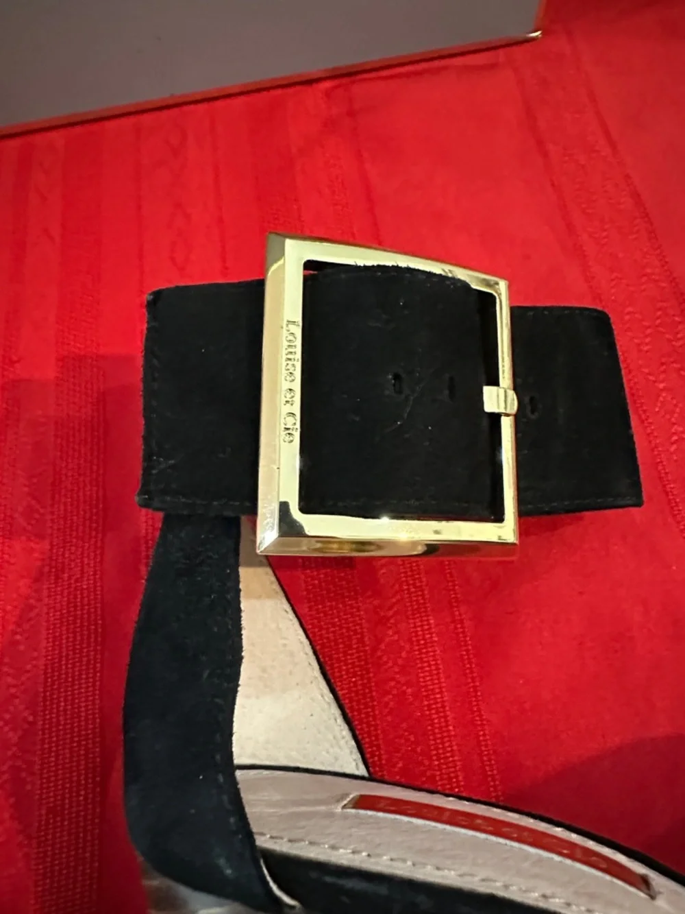 Louise et Cie Black Suede Ankle-Strap Block Heels with Gold Buckle Size 6